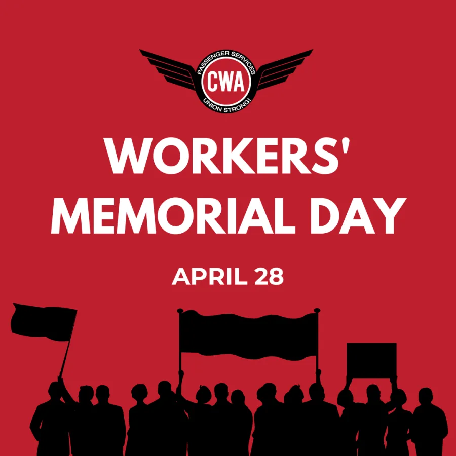 Red graphic with white text that reads "Workers Memorial Day April 28"