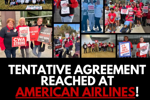Collage of American Airlines Agents holding solidarity signs