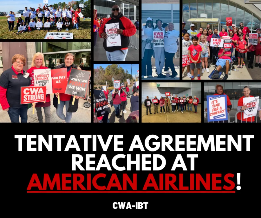 Collage of American Airlines Agents holding solidarity signs